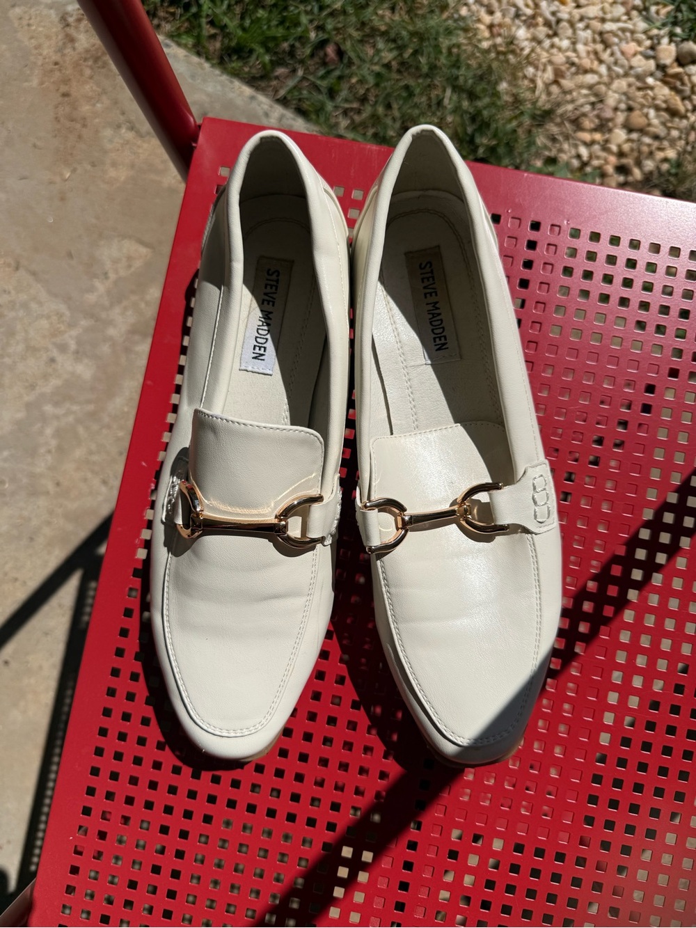 Steve Madden Cream Leather Loafers with Gold Horsebit Accent